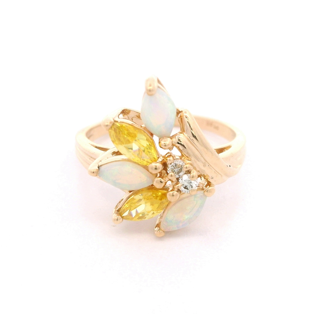 Anillo de oro amarillo 14K Flor Pistilos con Diamantes, Ópalos y Piedras Amarillas
