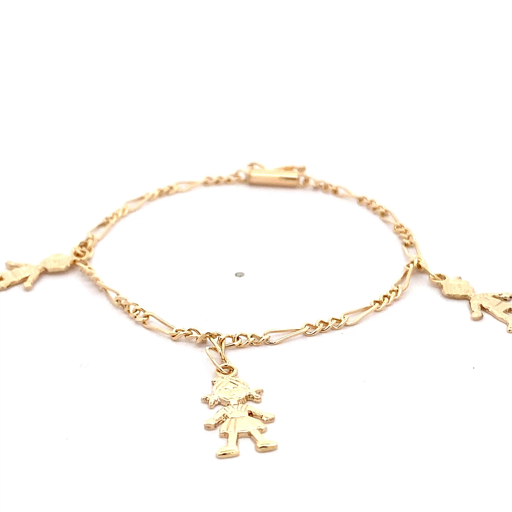 Pulsera de Oro Amarillo 18K Figaro 3x1 con 3 Dijes Colgantes Niños Tallados