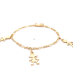 Pulsera de Oro Amarillo 18K Figaro 3x1 con 3 Dijes Colgantes Niños Tallados