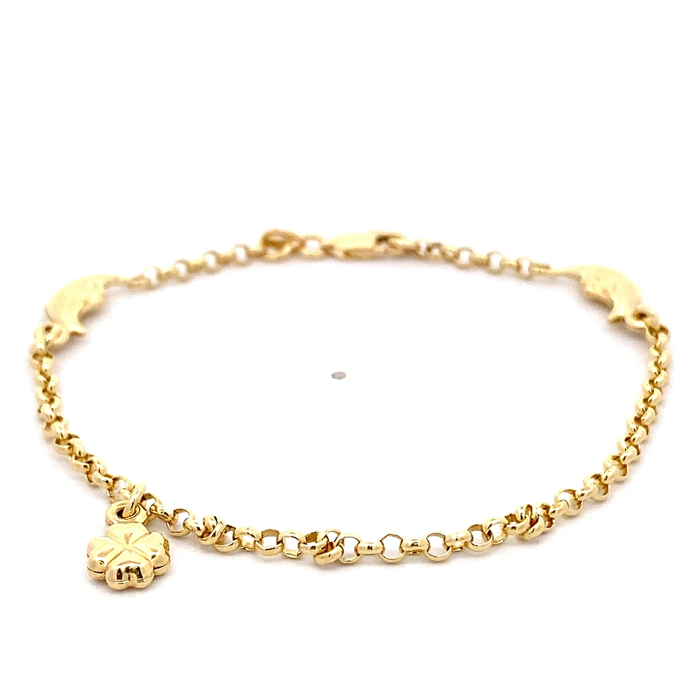 Pulsera de Oro Amarillo 18K Rolo con Dijes Media Luna y Flor Trébol