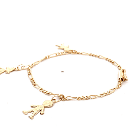 Pulsera de Oro Amarillo 18K Figaro 3x1 con 3 Dijes Colgantes Niños Tallados