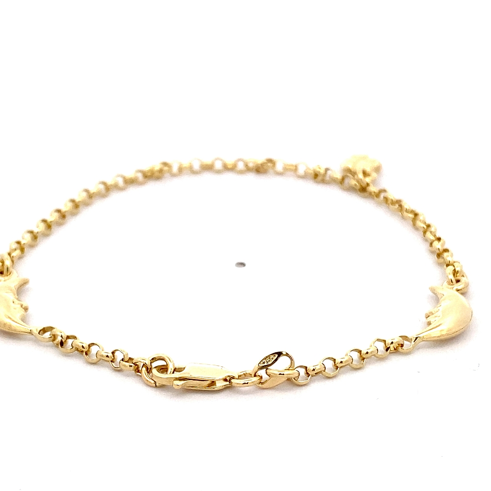 Pulsera de Oro Amarillo 18K Rolo con Dijes Media Luna y Flor Trébol