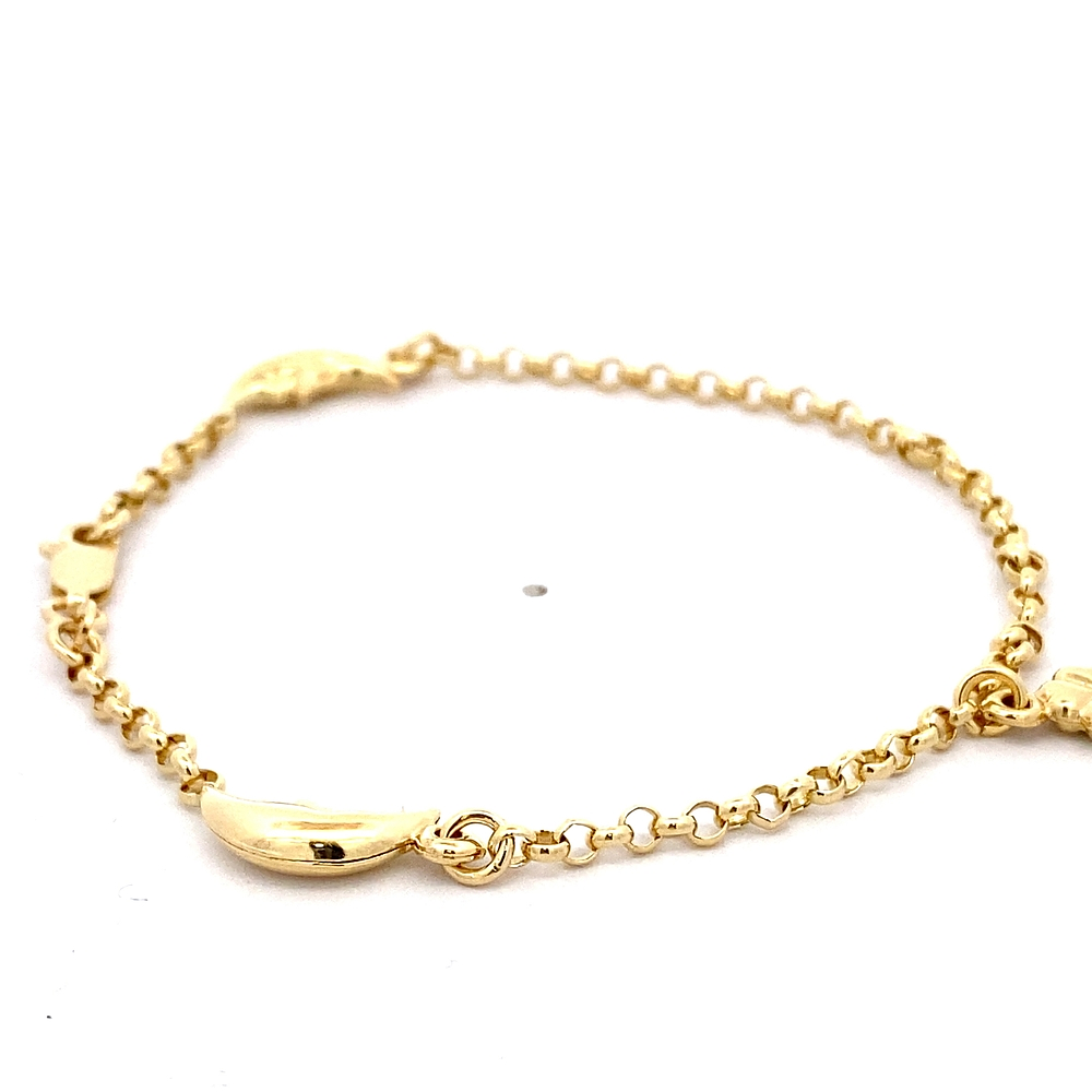 Pulsera de Oro Amarillo 18K Rolo con Dijes Media Luna y Flor Trébol