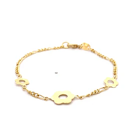Pulsera de Oro Amarillo 18K Figaro 3x1 con 3 Dijes Flores