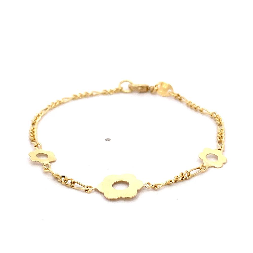 Pulsera de Oro Amarillo 18K Figaro 3x1 con 3 Dijes Flores