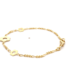 Pulsera de Oro Amarillo 18K Figaro 3x1 con 3 Dijes Flores