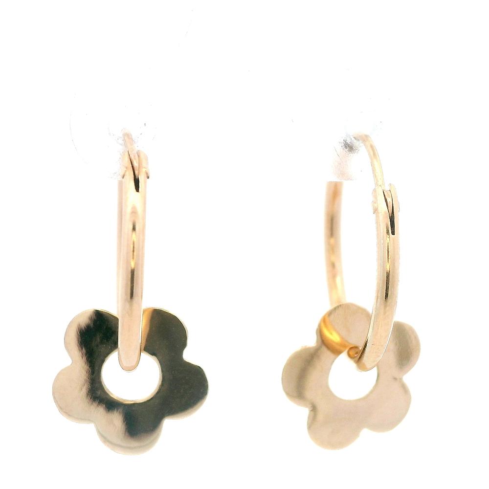 Aros de Oro Amarillo 18K Tubular con Flor Colgante