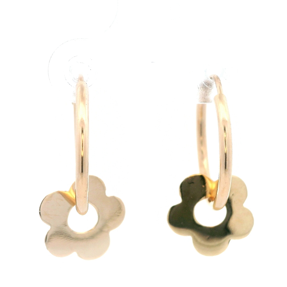 Aros de Oro Amarillo 18K Tubular con Flor Colgante