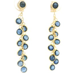 Aros de Oro Amarillo 18K Cadena Limada con Colgantes Puntos de Luz Circulares y Piedras Azules