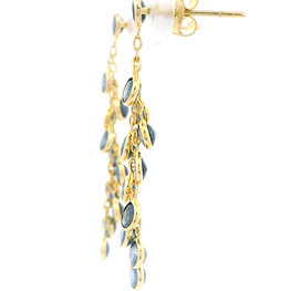 Aros de Oro Amarillo 18K Cadena Limada con Colgantes Puntos de Luz Circulares y Piedras Azules