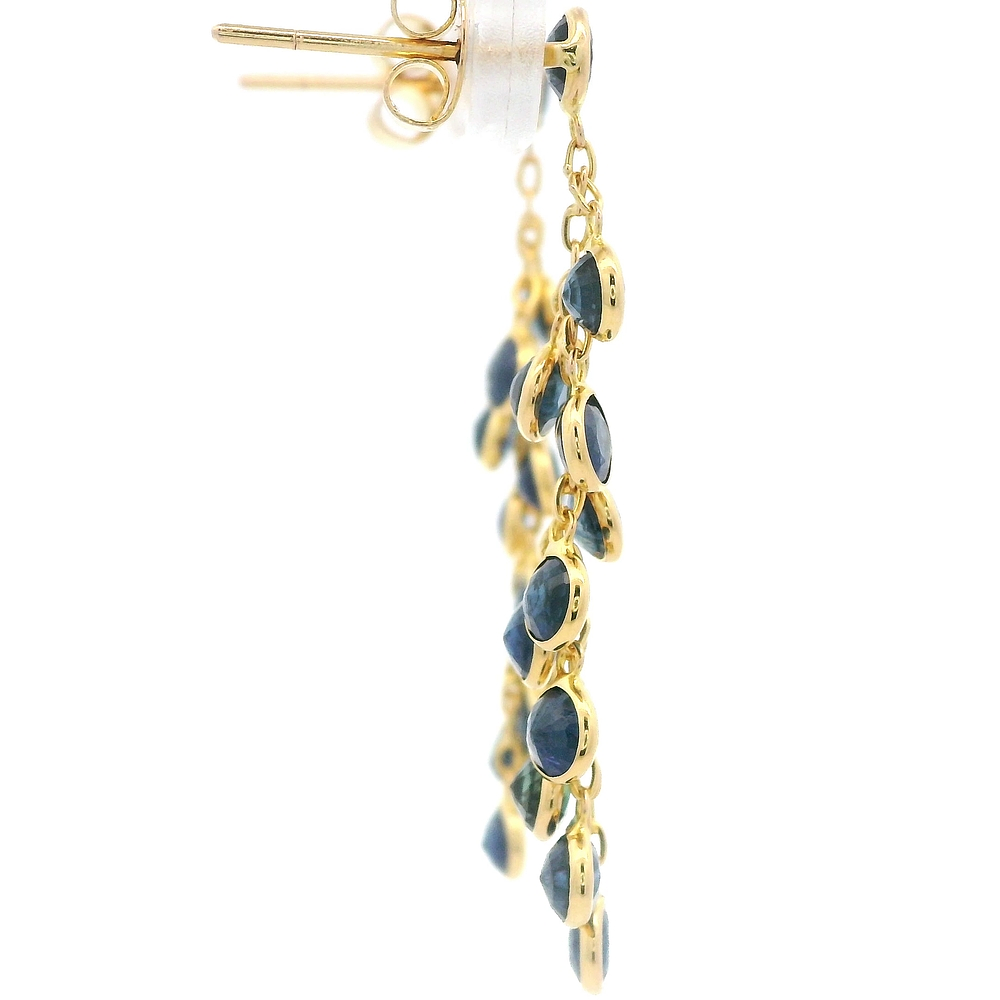 Aros de Oro Amarillo 18K Cadena Limada con Colgantes Puntos de Luz Circulares y Piedras Azules