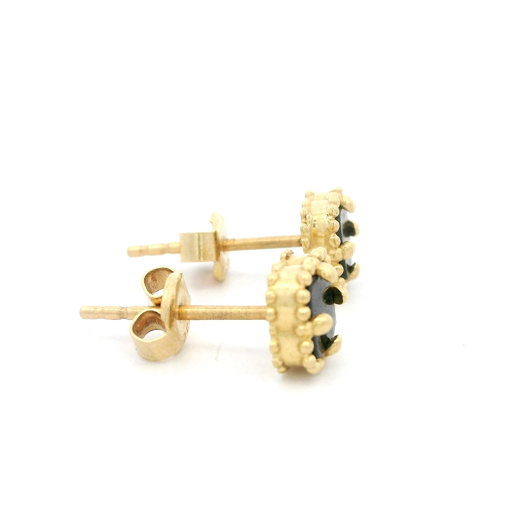 Aros de Oro Amarillo 18K Flor Trébol con 1 Piedra Negra