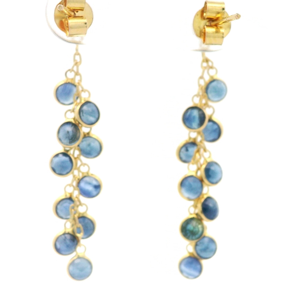 Aros de Oro Amarillo 18K Cadena Limada con Colgantes Puntos de Luz Circulares y Piedras Azules