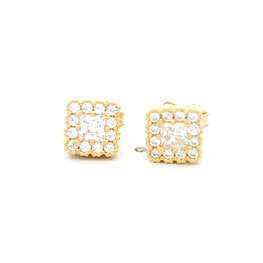 Aros de Oro Amarillo 18K Rombo con 1 Piedra y Micropiedras Incoloras