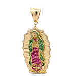 Colgante de Oro Amarillo 18K Virgen de Guadalupe con Micropiedras Fucsias, Verdes e Incoloras