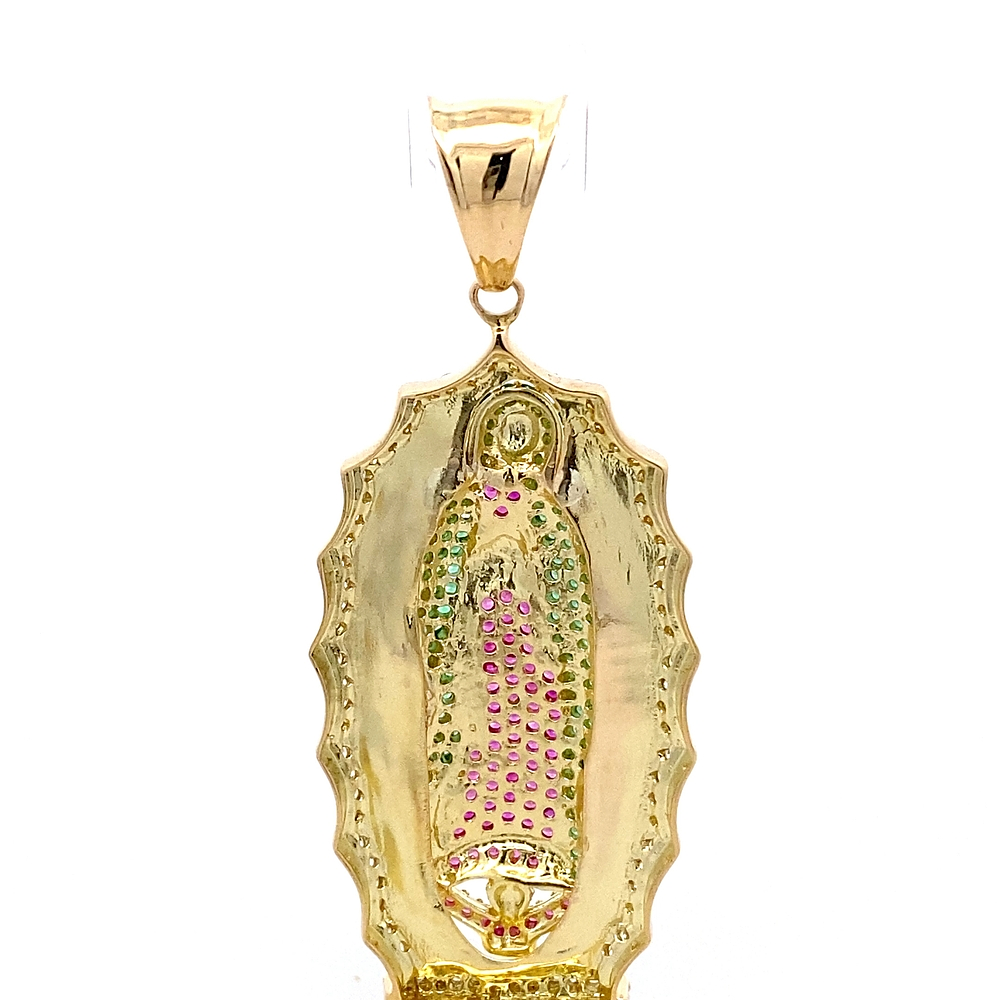 Colgante de Oro Amarillo 18K Virgen de Guadalupe con Micropiedras Fucsias, Verdes e Incoloras