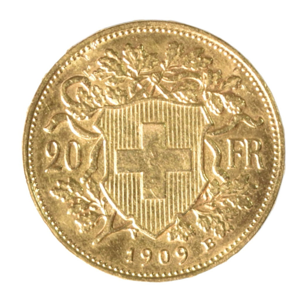 Moneda Suiza 20 Francos Oro Helvetia 1909 B