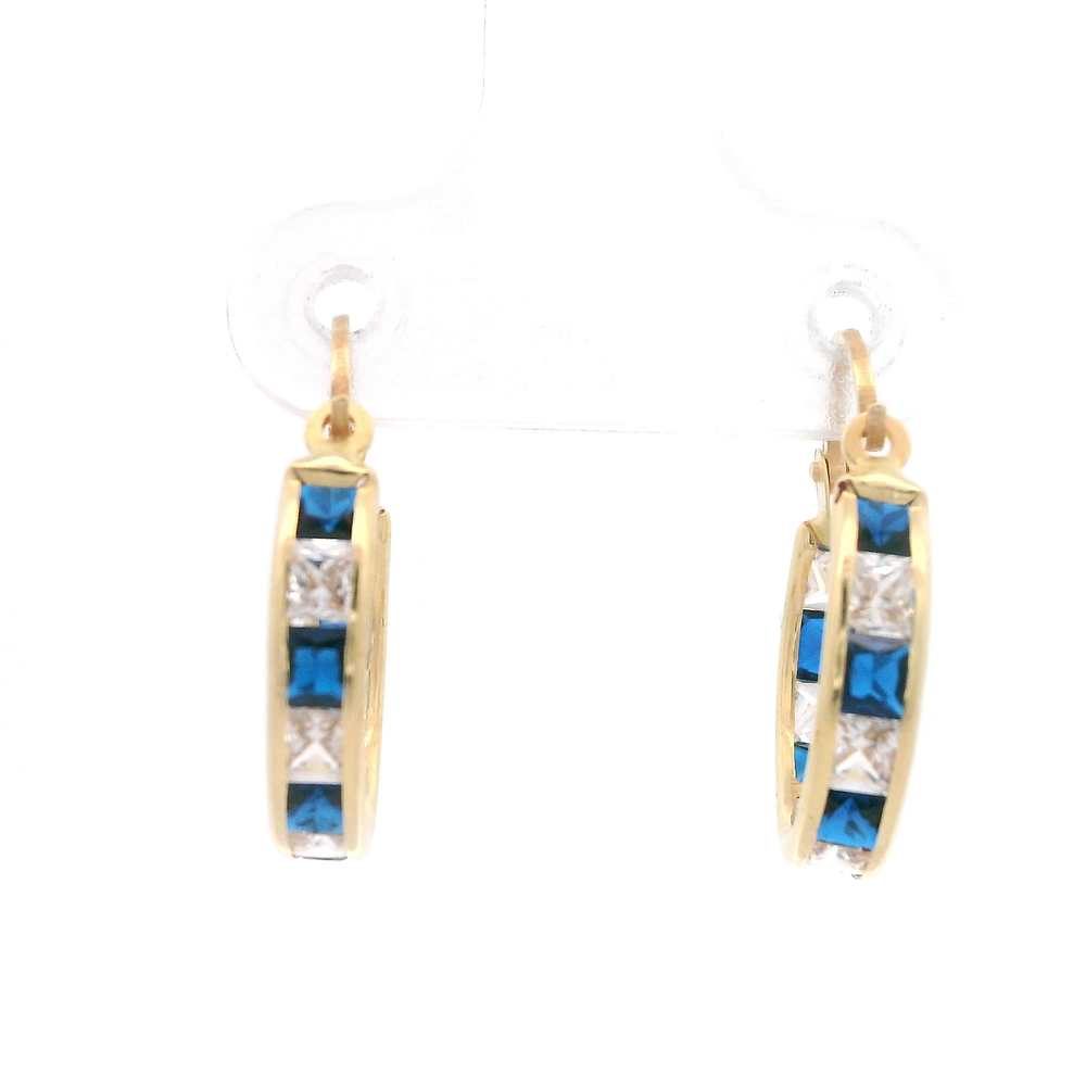 Aros de Oro Amarillo 18K Argolla con Piedras Incoloras y Azules