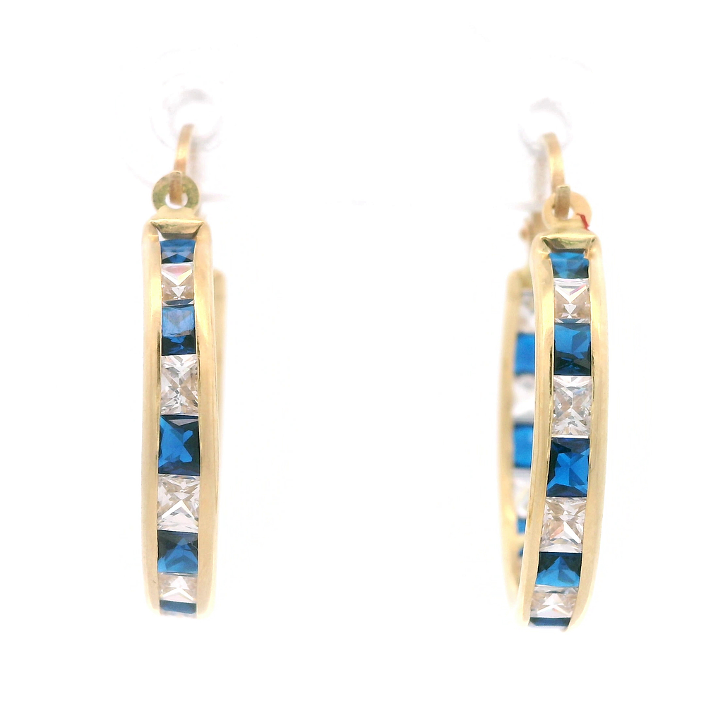 Aros de Oro Amarillo 18K Argolla con Piedras Incoloras y Azules