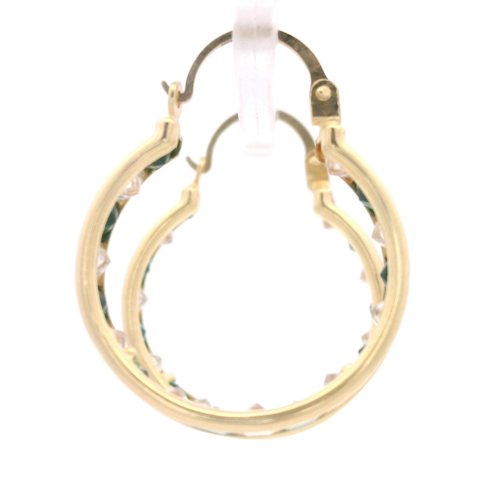 Aros de Oro Amarillo 18K Argolla con Piedras Incoloras y Verdes