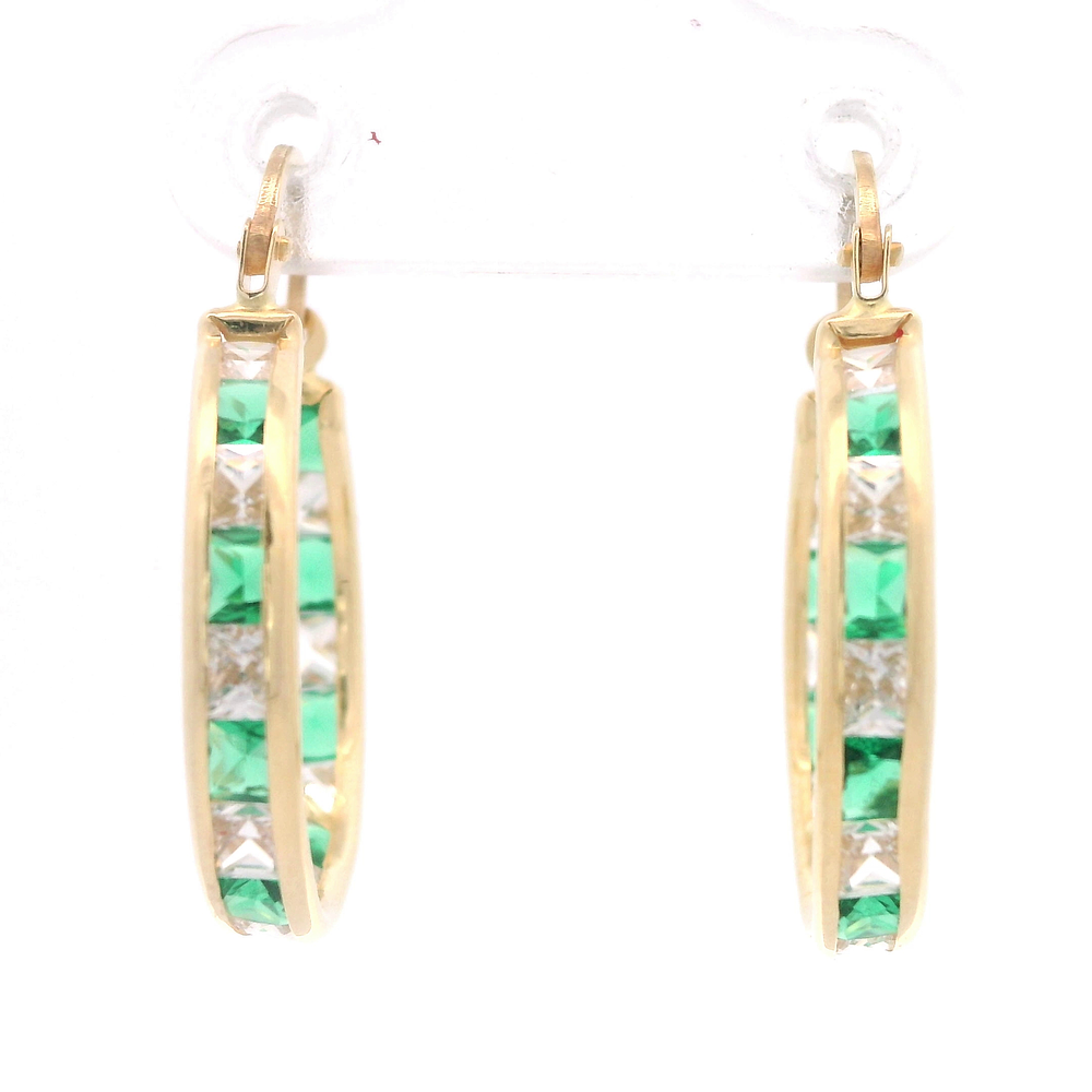 Aros de Oro Amarillo 18K Argolla con Piedras Incoloras y Verdes