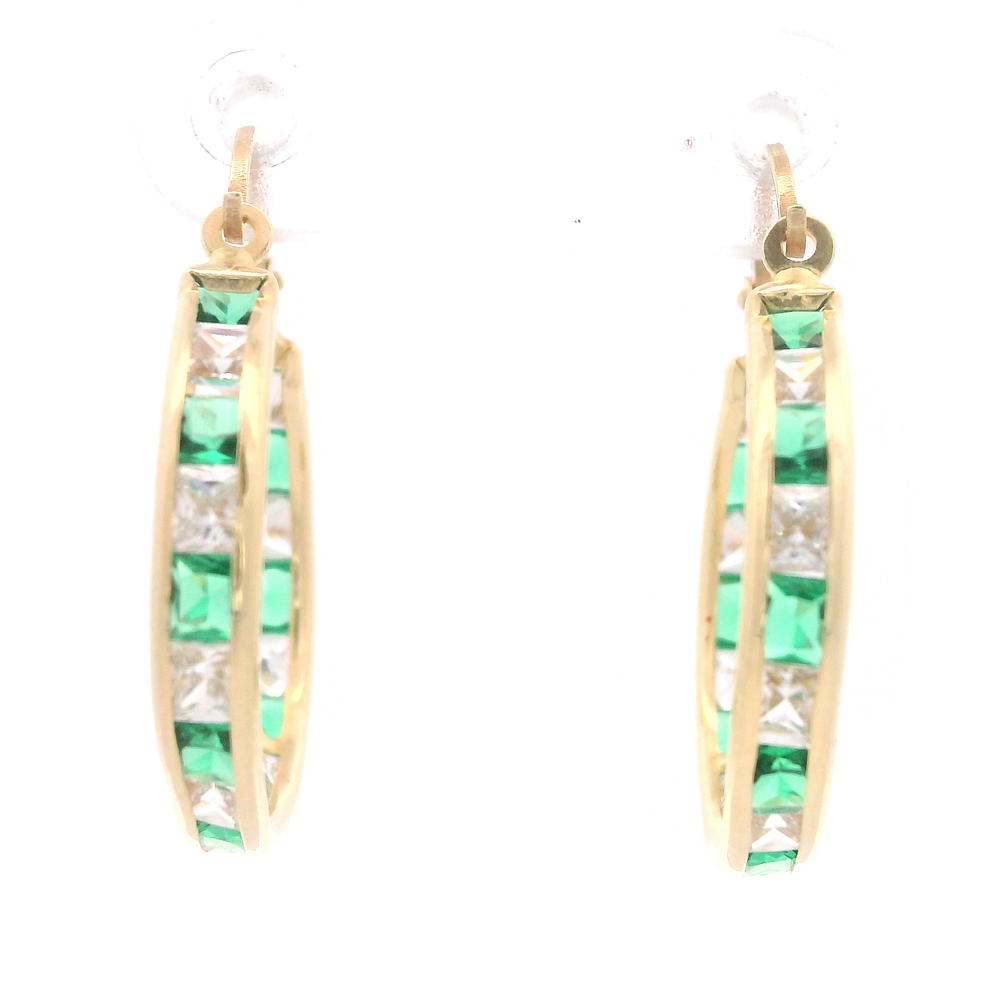 Aros de Oro Amarillo 18K Argolla con Piedras Incoloras y Verdes