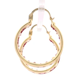 Aros de Oro Amarillo 18K Argolla con Piedras Incoloras y Fucsias