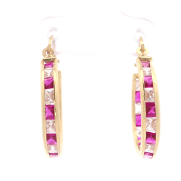 Aros de Oro Amarillo 18K Argolla con Piedras Incoloras y Fucsias