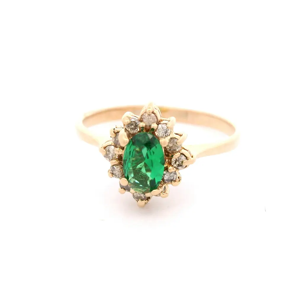 Anillo de Oro Amarillo 18K Lady Di con 1 Piedra Verde y 12 Micropiedras Champagne