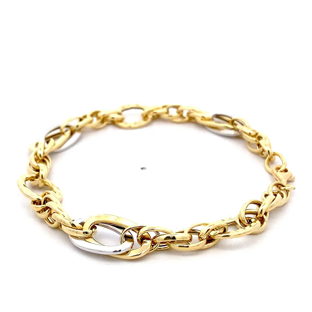 Pulsera de Dos Oros 18K Ovalados con Eslabones Diamantados