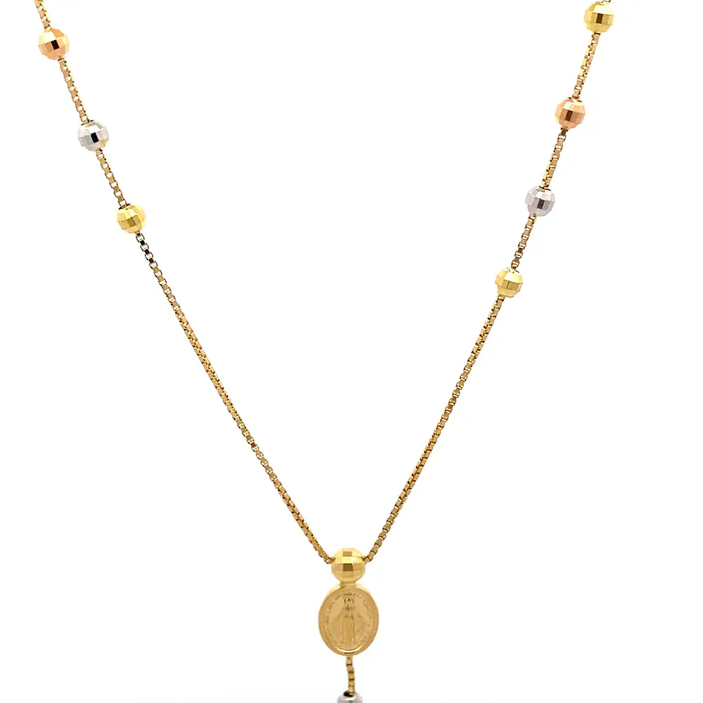 Cadena de Oro 18K Rosario Tres Oros Tejido Veneciana con Esferas Diamantadas