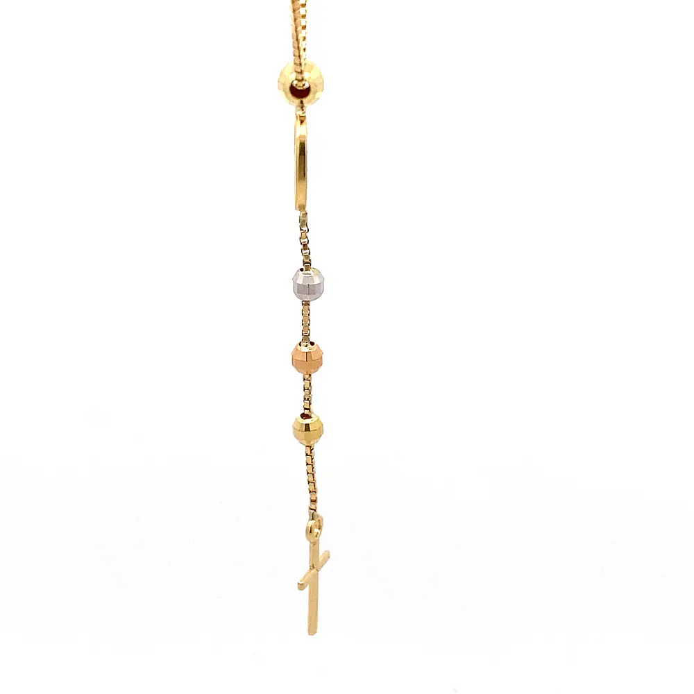Cadena de Oro 18K Rosario Tres Oros Tejido Veneciana con Esferas Diamantadas