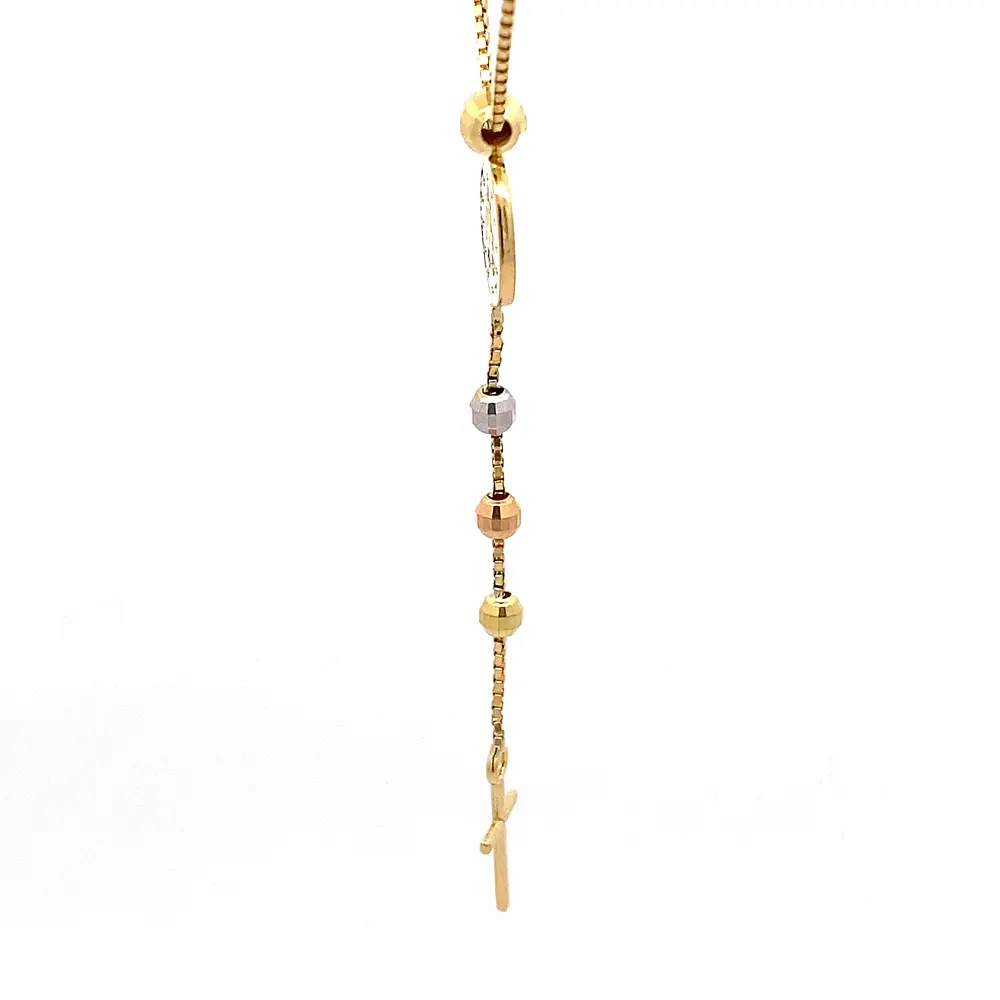 Cadena de Oro 18K Rosario Tres Oros Tejido Veneciana con Esferas Diamantadas