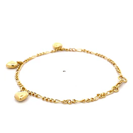 Pulsera de Oro Amarillo 18K Figaro 3x1 con 3 Dijes Corazones