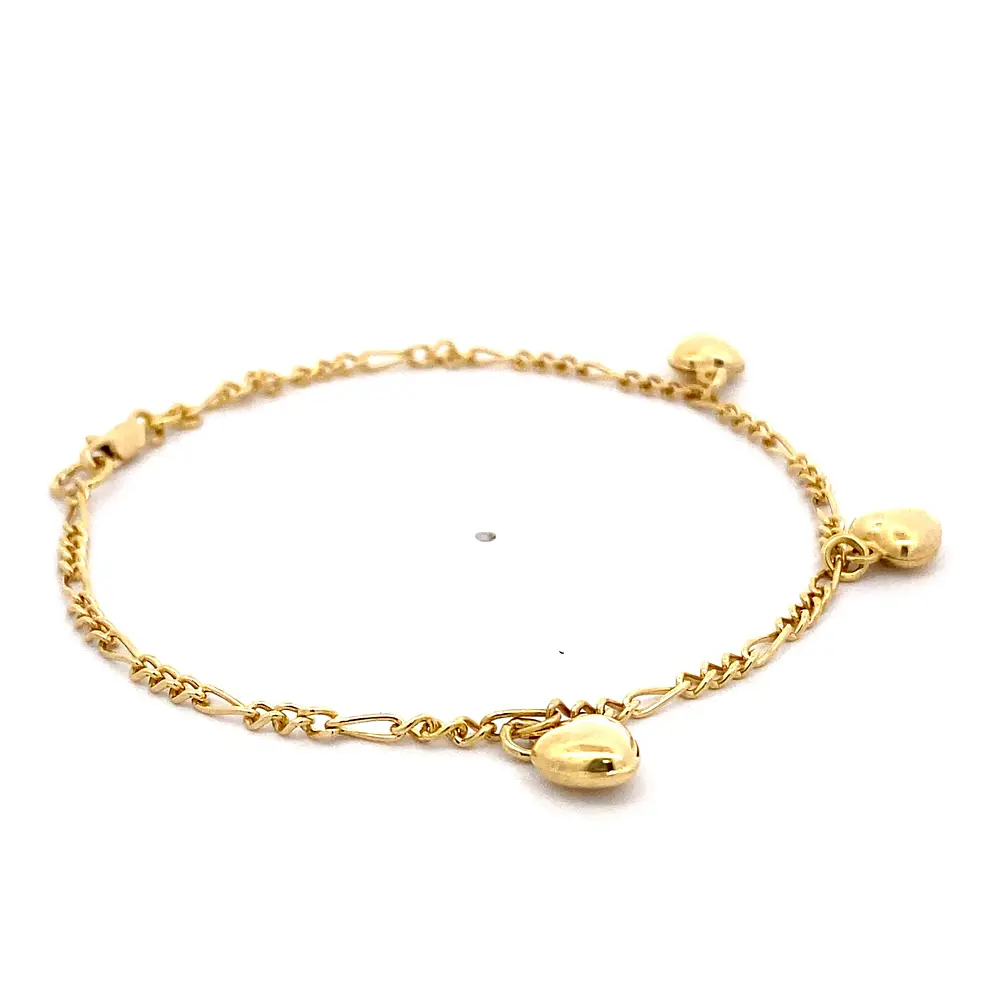 Pulsera de Oro Amarillo 18K Figaro 3x1 con 3 Dijes Corazones