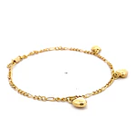 Pulsera de Oro Amarillo 18K Figaro 3x1 con 3 Dijes Corazones