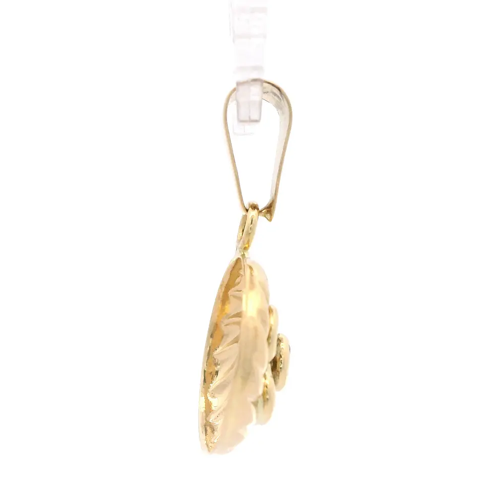 Colgante de Oro Amarillo 18K Circular Tallado con Flor, 1 Piedra Celeste, Piedras Incoloras