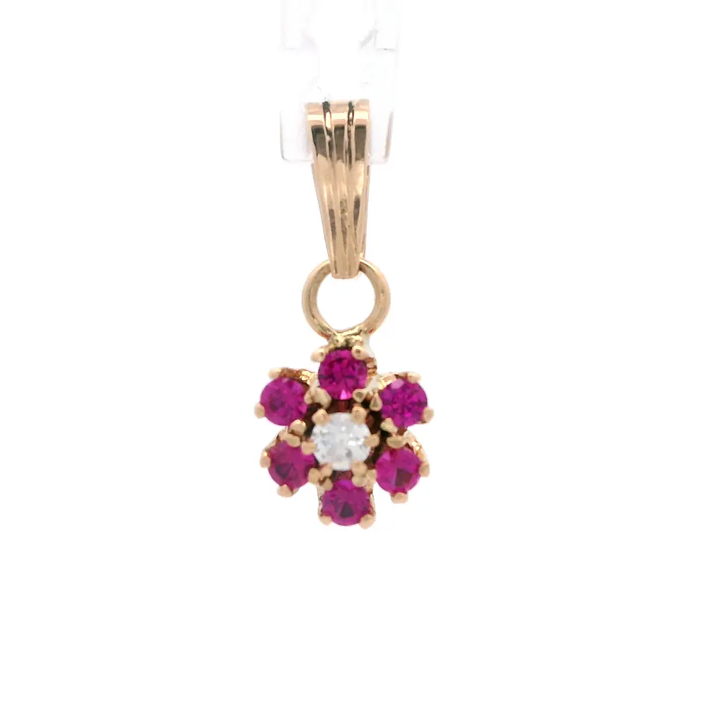 Colgante de Oro Amarillo 18K Flor con 6 Piedras Fucsias, 1 Piedra Incolora
