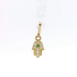 Colgante de Oro Amarillo 18K Mano de Fátima con Micropiedras Verdes e Incoloras