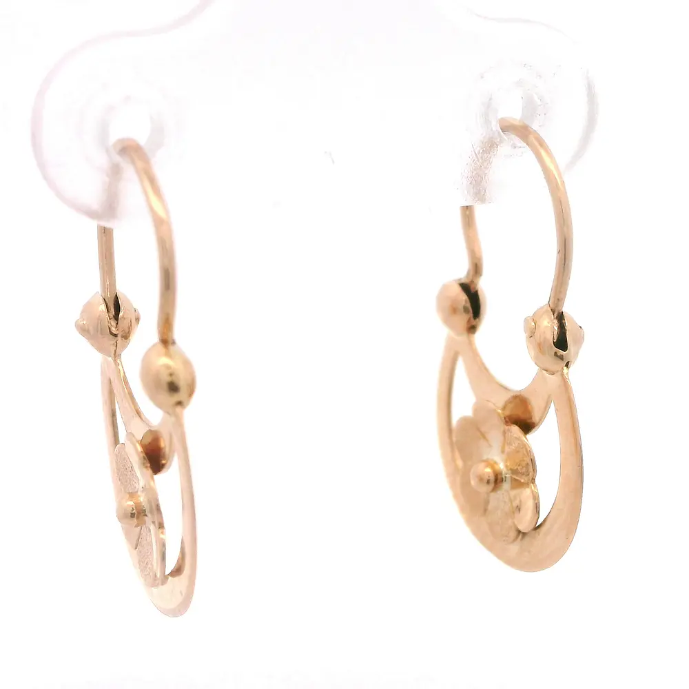 Aros de Oro Amarillo 18K Lágrima de Luna con Flor Tallada