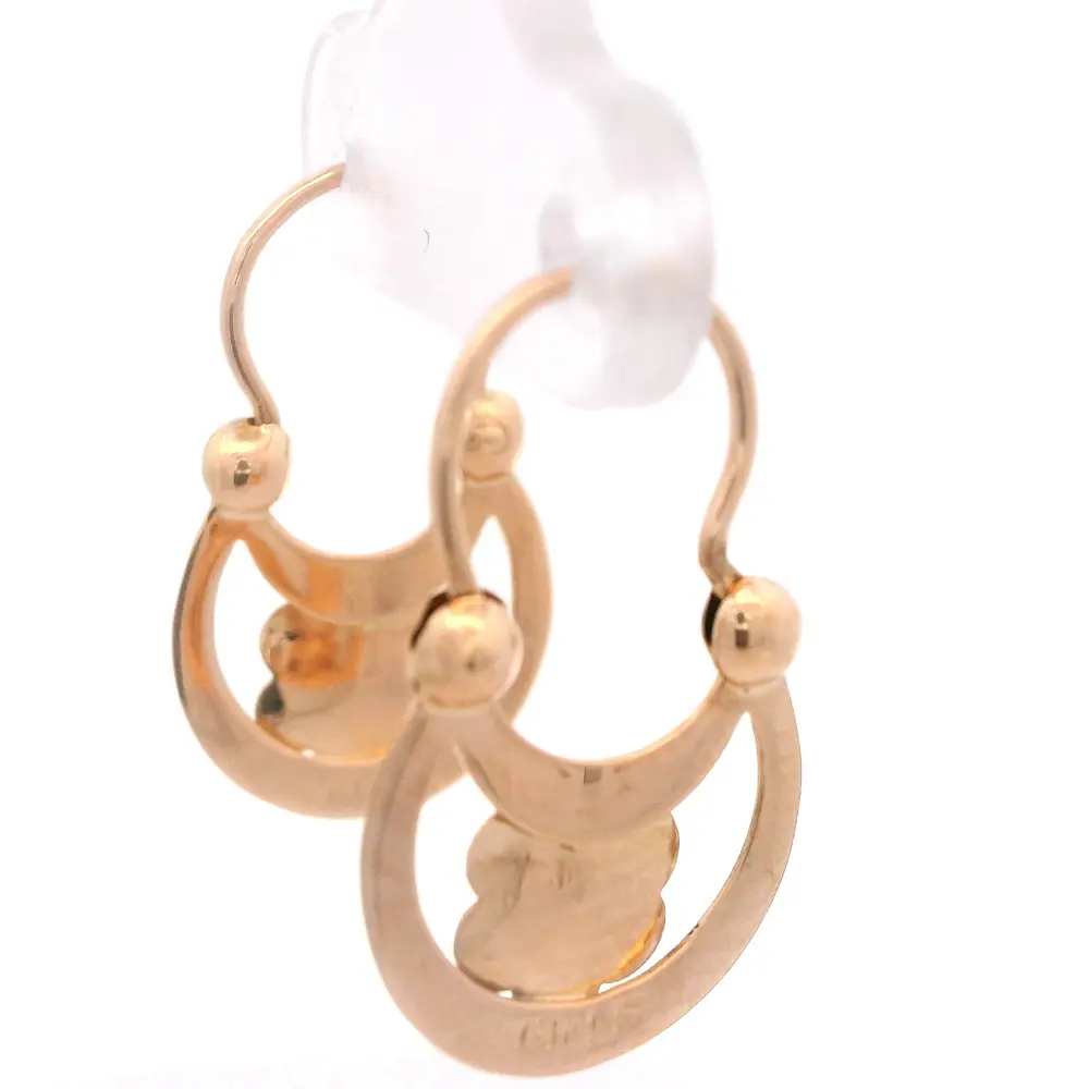 Aros de Oro Amarillo 18K Lágrima de Luna con Flor Tallada