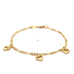 Pulsera de Oro Amarillo 18K Figaro 3x1 con 3 Dijes Corazones Calados