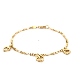 Pulsera de Oro Amarillo 18K Figaro 3x1 con 3 Dijes Corazones Calados