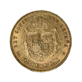 Moneda de Oro España 25 Pesetas Alfonso XII Año 1877