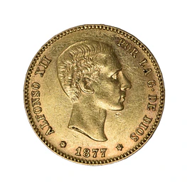 Moneda de Oro España 25 Pesetas Alfonso XII Año 1877