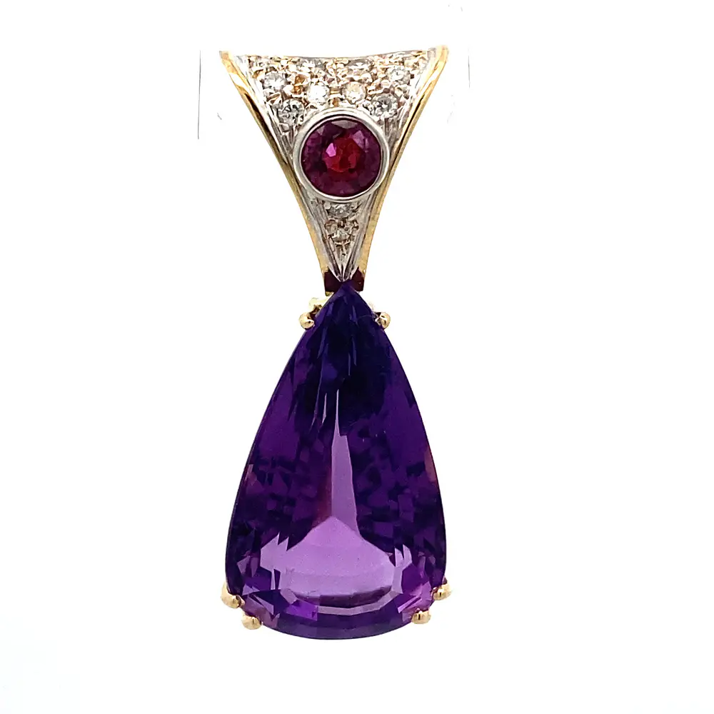 Colgante Gota Ovalada 14K Oro Amarillo con Diamantes, Rubí y Amatista