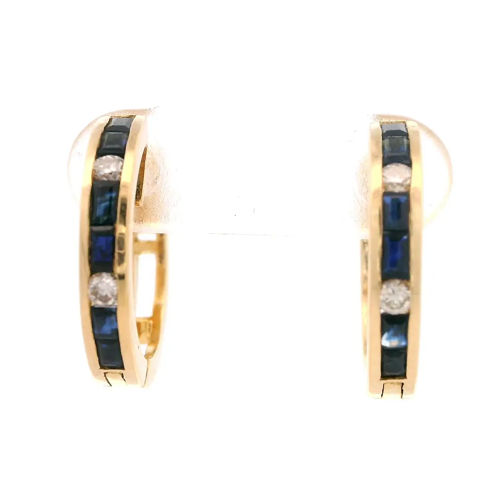 Aros Huggies 18K Oro Amarillo con Diamantes y Piedras Azules