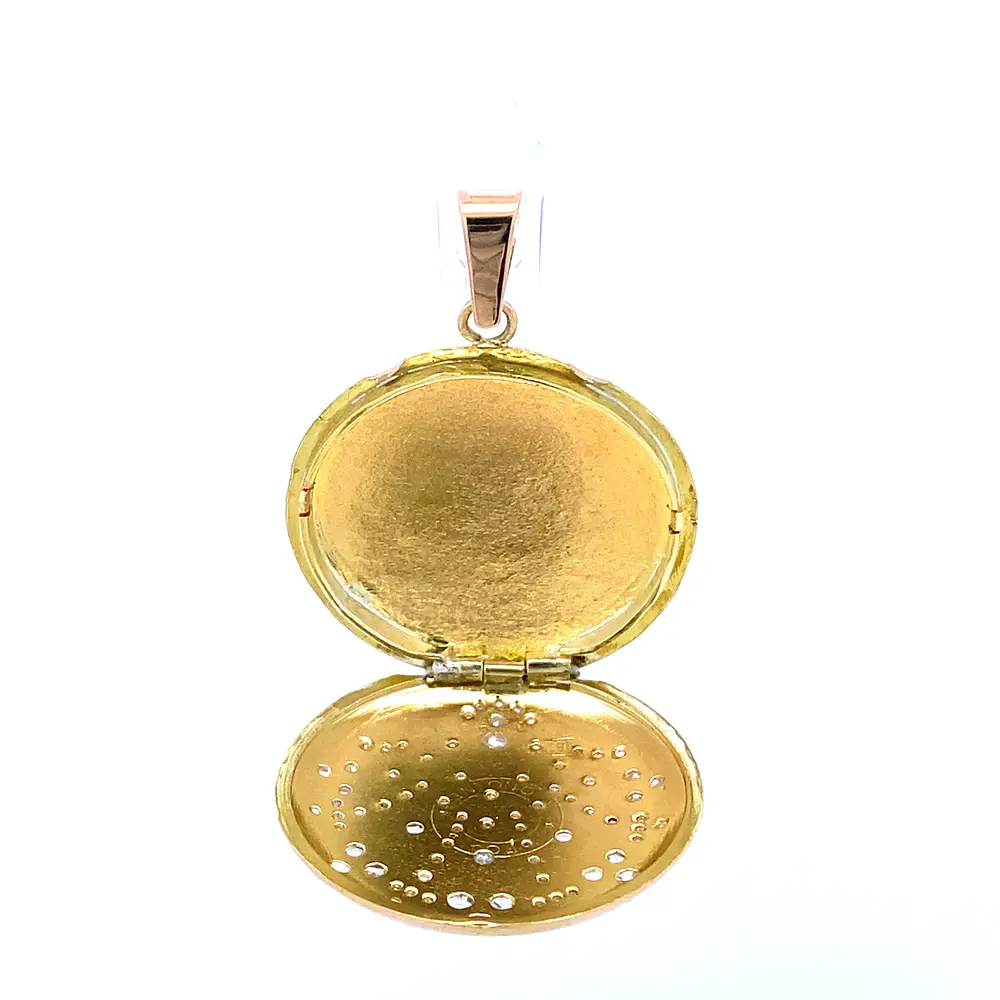Colgante Relicario Circular 18K con 77 Diamantes Corte Rosa