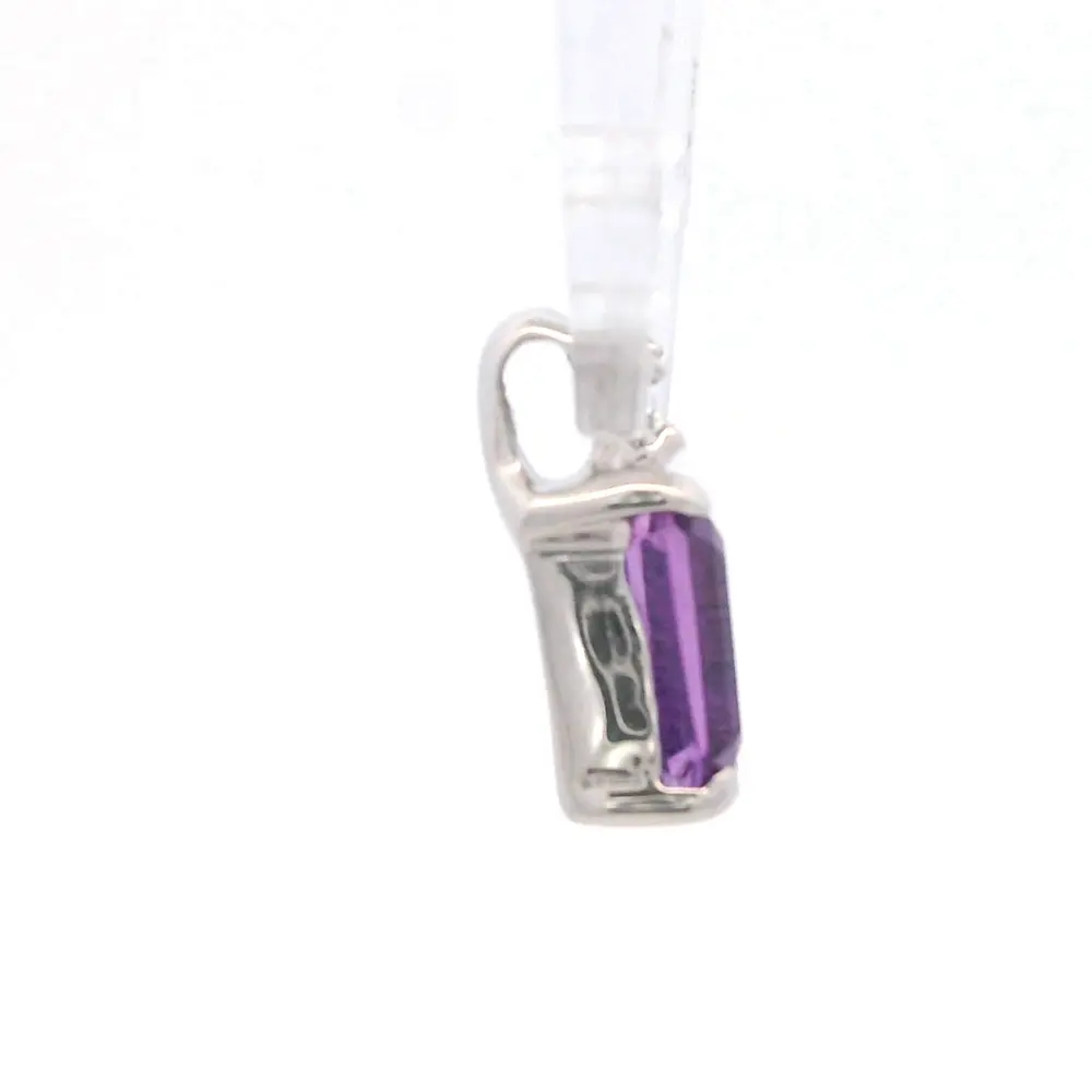 Colgante Chatón Rectangular 18K Oro Blanco con Diamante y Cuarzo Amatista