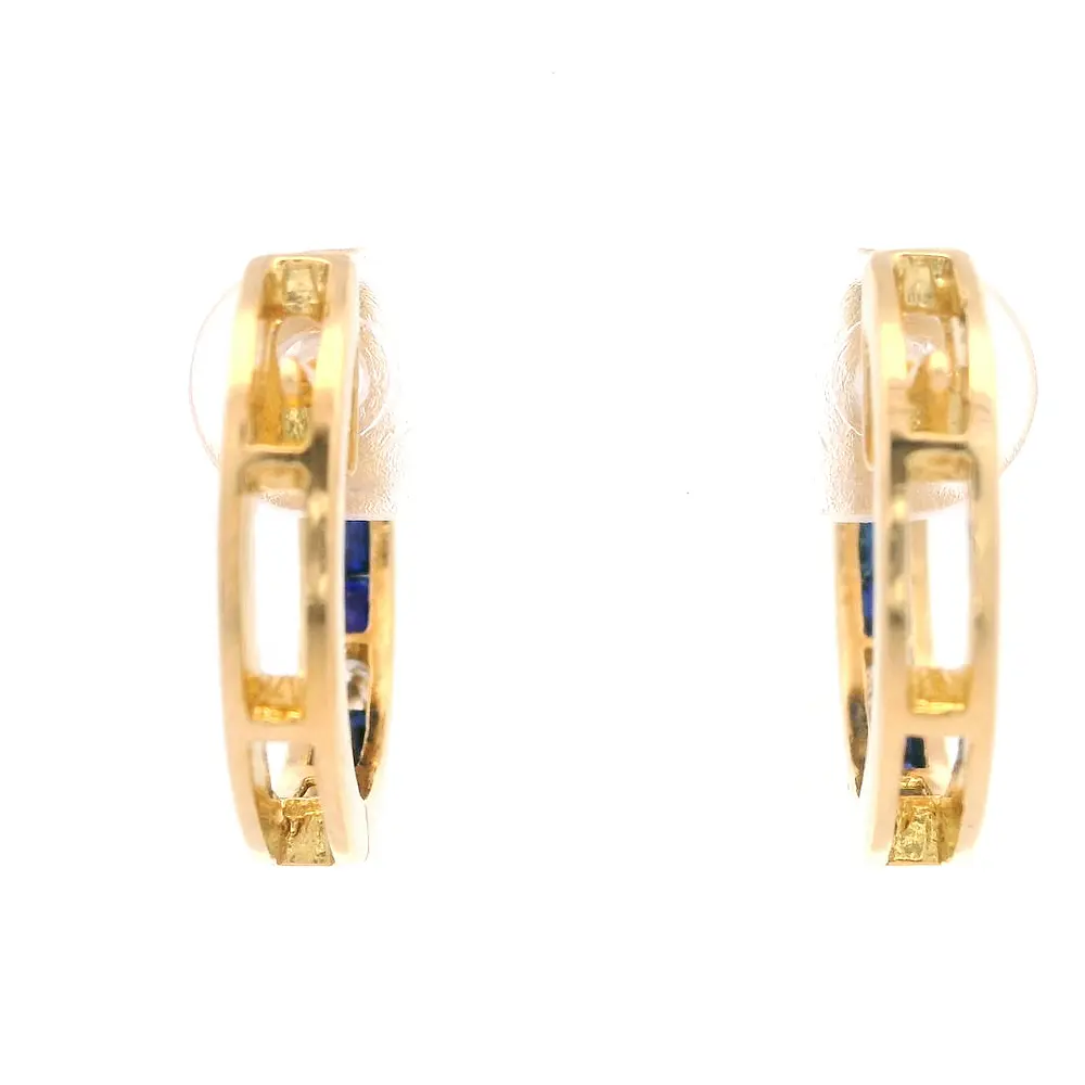 Aros Huggies 18K Oro Amarillo con Diamantes y Piedras Azules